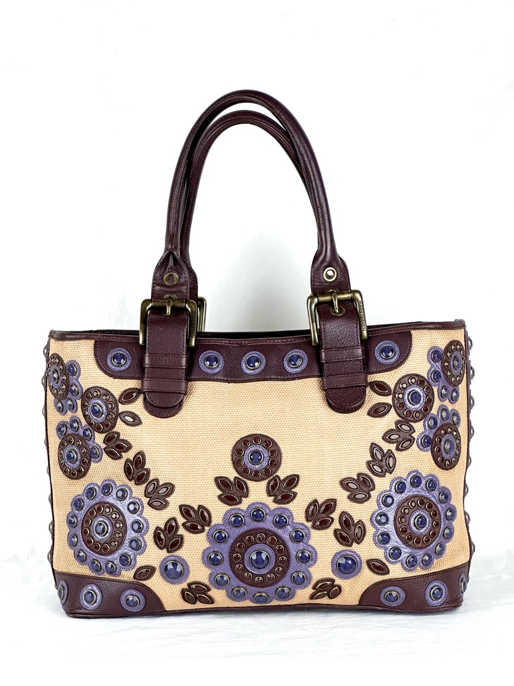 Isabella Fiore ‘Set in Stone’ Jeweled Tote Bag Tan and Brown Leather Trim